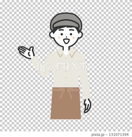 手で指す帽子をかぶってエプロンを付けた男性イラスト 131071394