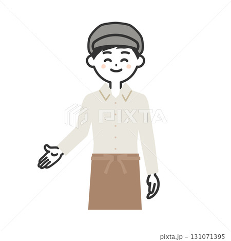手で下のほうを指す帽子をかぶってエプロンを付けた男性イラスト 131071395