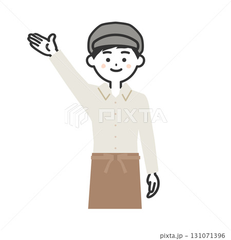 手で上のほうを指す帽子をかぶってエプロンを付けた男性イラスト 131071396