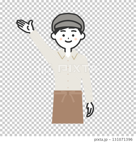 手で上のほうを指す帽子をかぶってエプロンを付けた男性イラスト 131071396