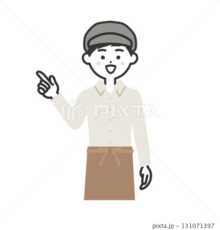 指を指す帽子をかぶってエプロンを付けた男性イラスト 指を指す帽子をかぶってエプロンを付けた男性イラスト 131071397