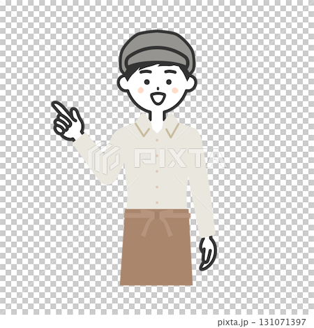 一名戴著帽子和圍裙的男子指著 131071397