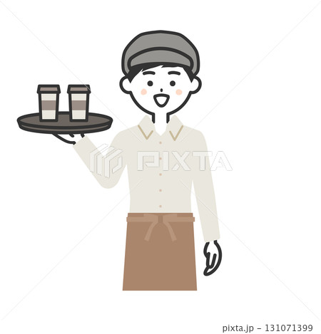 お盆をもった帽子をかぶってエプロンを付けた男性イラスト 131071399