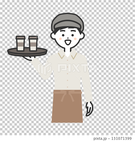 お盆をもった帽子をかぶってエプロンを付けた男性イラスト 131071399