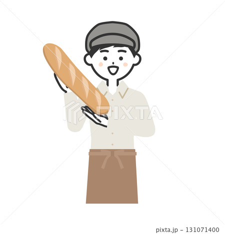 バゲットを持つ帽子をかぶってエプロンを付けた男性イラスト 131071400