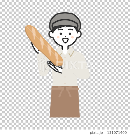 バゲットを持つ帽子をかぶってエプロンを付けた男性イラスト 131071400