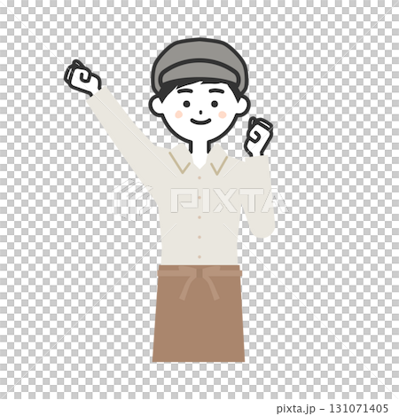 こぶしを突き上げる帽子をかぶってエプロンを付けた男性イラスト 131071405