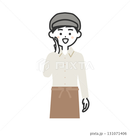 手を口に当てて呼ぶ帽子をかぶってエプロンを付けた男性イラスト 131071406