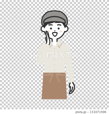 手を口に当てて呼ぶ帽子をかぶってエプロンを付けた男性イラスト 131071406