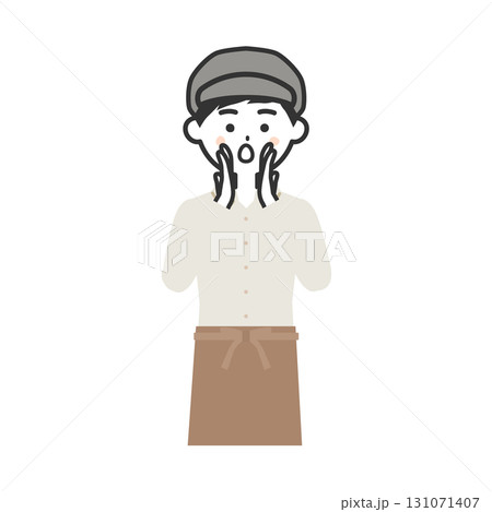 手を口に当てて呼ぶ帽子をかぶってエプロンを付けた男性イラスト 131071407