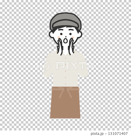 手を口に当てて呼ぶ帽子をかぶってエプロンを付けた男性イラスト 131071407