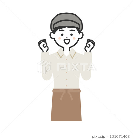 両手でガッツポーズする帽子をかぶってエプロンを付けた男性イラスト 131071408