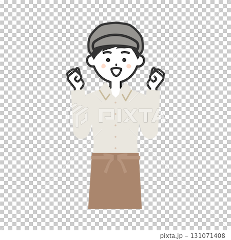 両手でガッツポーズする帽子をかぶってエプロンを付けた男性イラスト 131071408