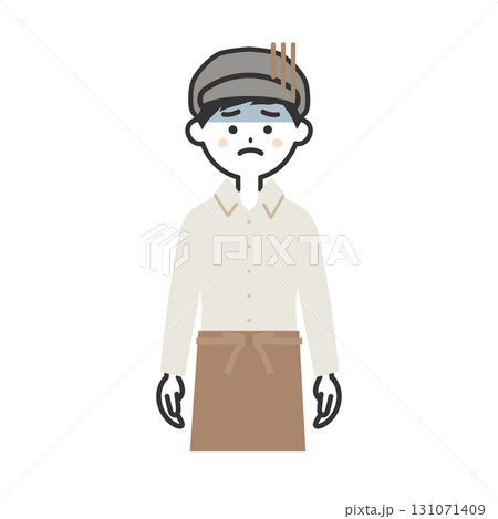 どんよりした表情の帽子をかぶってエプロンを付けた男性イラスト 131071409