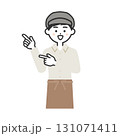 両手の指で指す帽子をかぶってエプロンを付けた男性イラスト 両手の指で指す帽子をかぶってエプロンを付けた男性イラスト 131071411