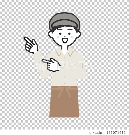 両手の指で指す帽子をかぶってエプロンを付けた男性イラスト 131071411