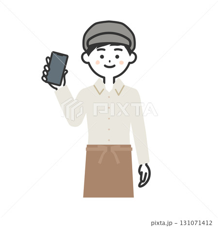 スマホを持つ帽子をかぶってエプロンを付けた男性イラスト 131071412