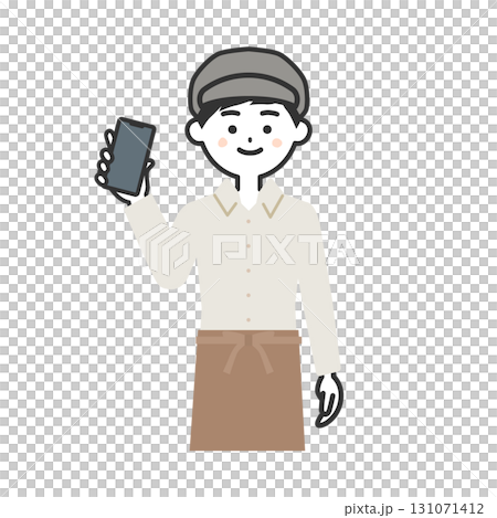 スマホを持つ帽子をかぶってエプロンを付けた男性イラスト 131071412
