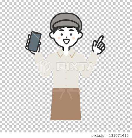 圖：一名戴著帽子和圍裙的男子手持智慧型手機並指向上方 131071413