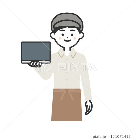 ノートパソコンを持つ帽子をかぶってエプロンを付けた男性イラスト 131071415