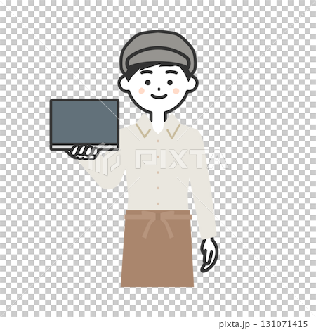 ノートパソコンを持つ帽子をかぶってエプロンを付けた男性イラスト 131071415