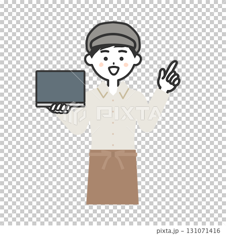 ノートパソコンを持つ帽子をかぶってエプロンを付けた男性イラスト 131071416