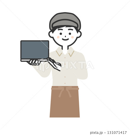 ノートパソコンを持つ帽子をかぶってエプロンを付けた男性イラスト 131071417