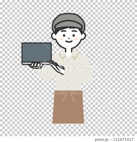 ノートパソコンを持つ帽子をかぶってエプロンを付けた男性イラスト 131071417