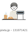 パンが乗ったトレーの置かれたレジに立つ帽子をかぶってエプロンを付けた男性イラスト パンが乗ったトレーの置かれたレジに立つ帽子をかぶってエプロンを付けた男性イラスト 131071421