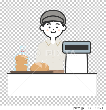パンが乗ったトレーの置かれたレジに立つ帽子をかぶってエプロンを付けた男性イラスト 131071421