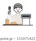 トングをもってレジに立つ帽子をかぶってエプロンを付けた男性イラスト トングをもってレジに立つ帽子をかぶってエプロンを付けた男性イラスト 131071422