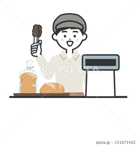 トングをもってレジに立つ帽子をかぶってエプロンを付けた男性イラスト 131071422