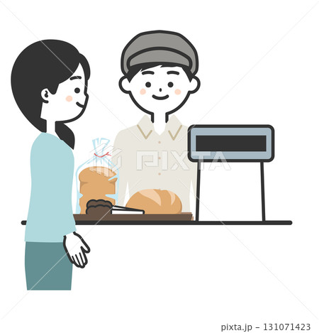 パンを買う女性客と帽子をかぶってエプロンを付けた男性イラスト 131071423