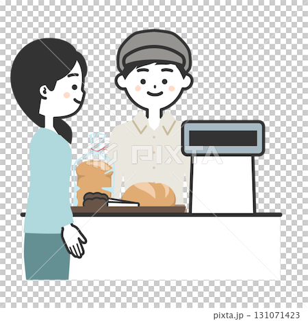 パンを買う女性客と帽子をかぶってエプロンを付けた男性イラスト 131071423