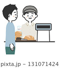 パンを買う男性客と帽子をかぶってエプロンを付けた男性イラスト パンを買う男性客と帽子をかぶってエプロンを付けた男性イラスト 131071424