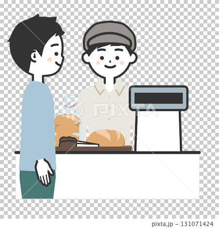 一位男性顧客購買麵包和一位戴著帽子和圍裙的男士的插圖 一位男性顧客購買麵包和一位戴著帽子和圍裙的男士的插圖 131071424