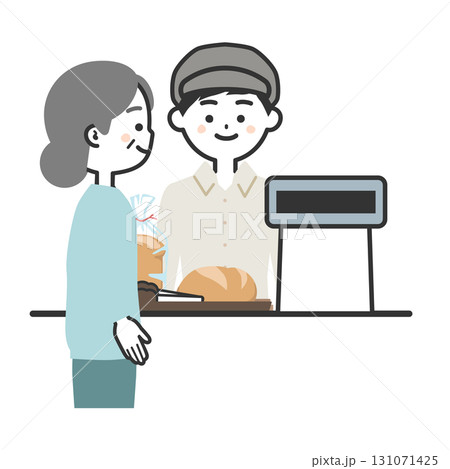 パンを買う年配女性客と帽子をかぶってエプロンを付けた男性イラスト 131071425