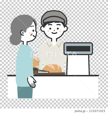 パンを買う年配女性客と帽子をかぶってエプロンを付けた男性イラスト 131071425