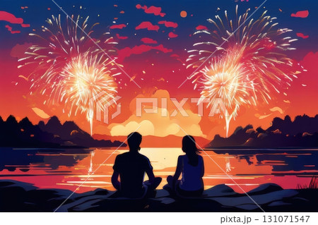 an AI Image Generator, Family Watching Fireworks Over a Lake at Sunset 131071547