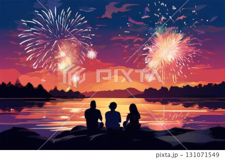 an AI Image Generator, Family Watching Fireworks Over a Lake at Sunset 131071549