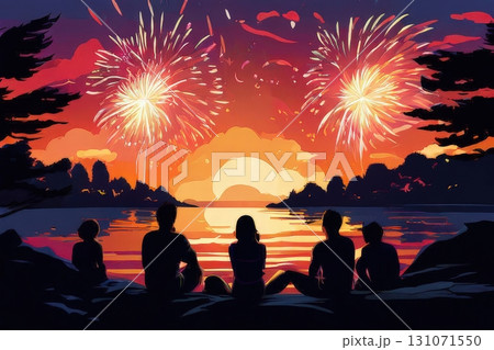 an AI Image Generator, Family Watching Fireworks Over a Lake at Sunset 131071550