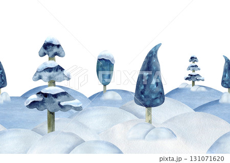 Watercolor winter forest landscape seamless border. Tree, snow on top, spruce, fir. Snowdrift isolated from background. Nature scenery. Christmas card, season packaging, decoration, children book 131071620