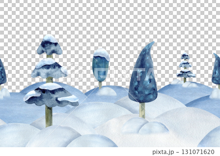Watercolor winter forest landscape seamless border. Tree, snow on top, spruce, fir. Snowdrift isolated from background. Nature scenery. Christmas card, season packaging, decoration, children book 131071620