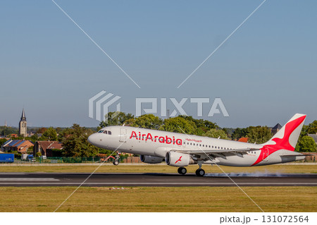 Belgium, Brussels Airport, Air Arabia aircraft landing. Airbus A320. 131072564