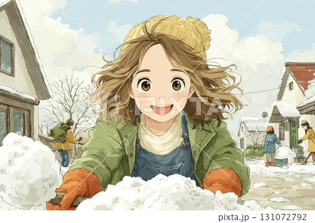 美優シリーズ：美優が地域の道で雪かきをしているシーン 131072792