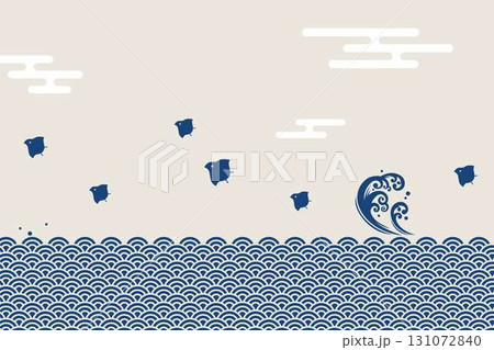日本の伝統的な柄 波に千鳥 波千鳥 青 紺 手ぬぐい 日本の伝統的な柄 波に千鳥 波千鳥 青 紺 手ぬぐい 131072840