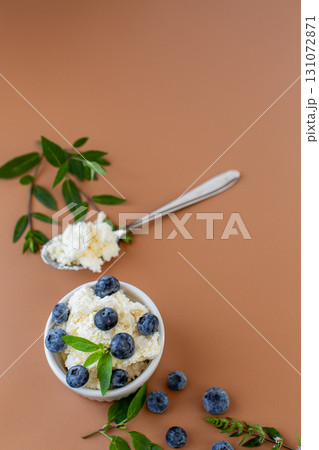 Close-up of cottage cheese with blue berries and a sprig of mint Close-up of cottage cheese with blue berries and a sprig of mint 131072871