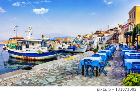 traditional Greece series - Chalki island with old boats and tavernas 131073002