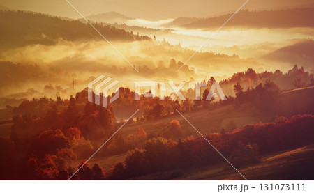 Morning mountain landscape, autumn seasonal background, amazing sunrise 131073111