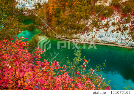 Autumn colors and lake of Plitvice National Park in Croatia, seasonal colorful background Autumn colors and lake of Plitvice National Park in Croatia, seasonal colorful background 131073162